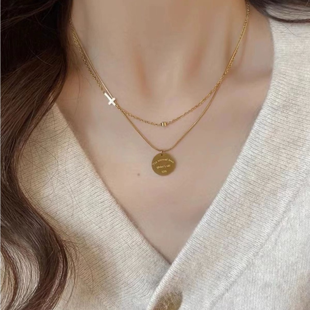 18K Gold Plated Double Layered Necklace*Stackable Cross Necklace*Round PendantLW - Picture 6 of 8